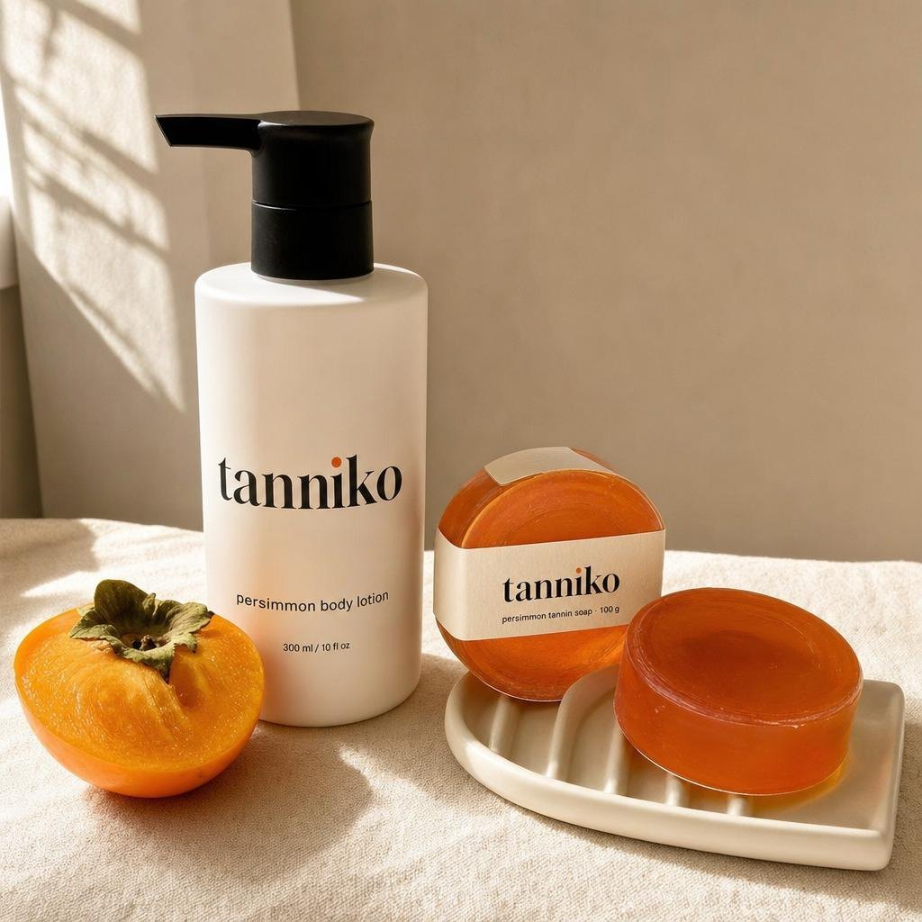 Tanniko persimmon body lotion and persimmon tannin soap bars on a draining soap dish