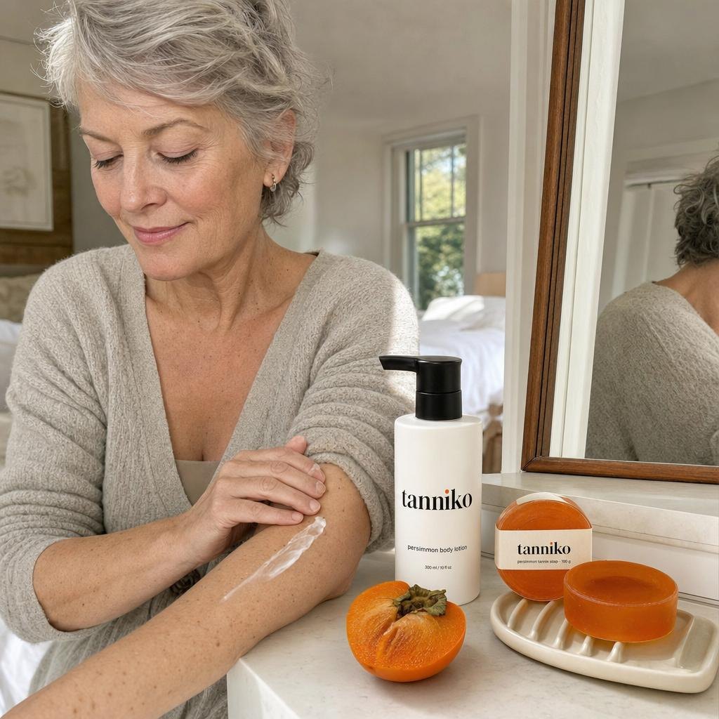 Woman applying Tanniko persimmon body lotion to her arm
