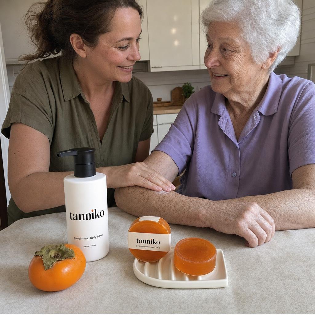 Applying Tanniko persimmon body lotion to an elderly mother's hands