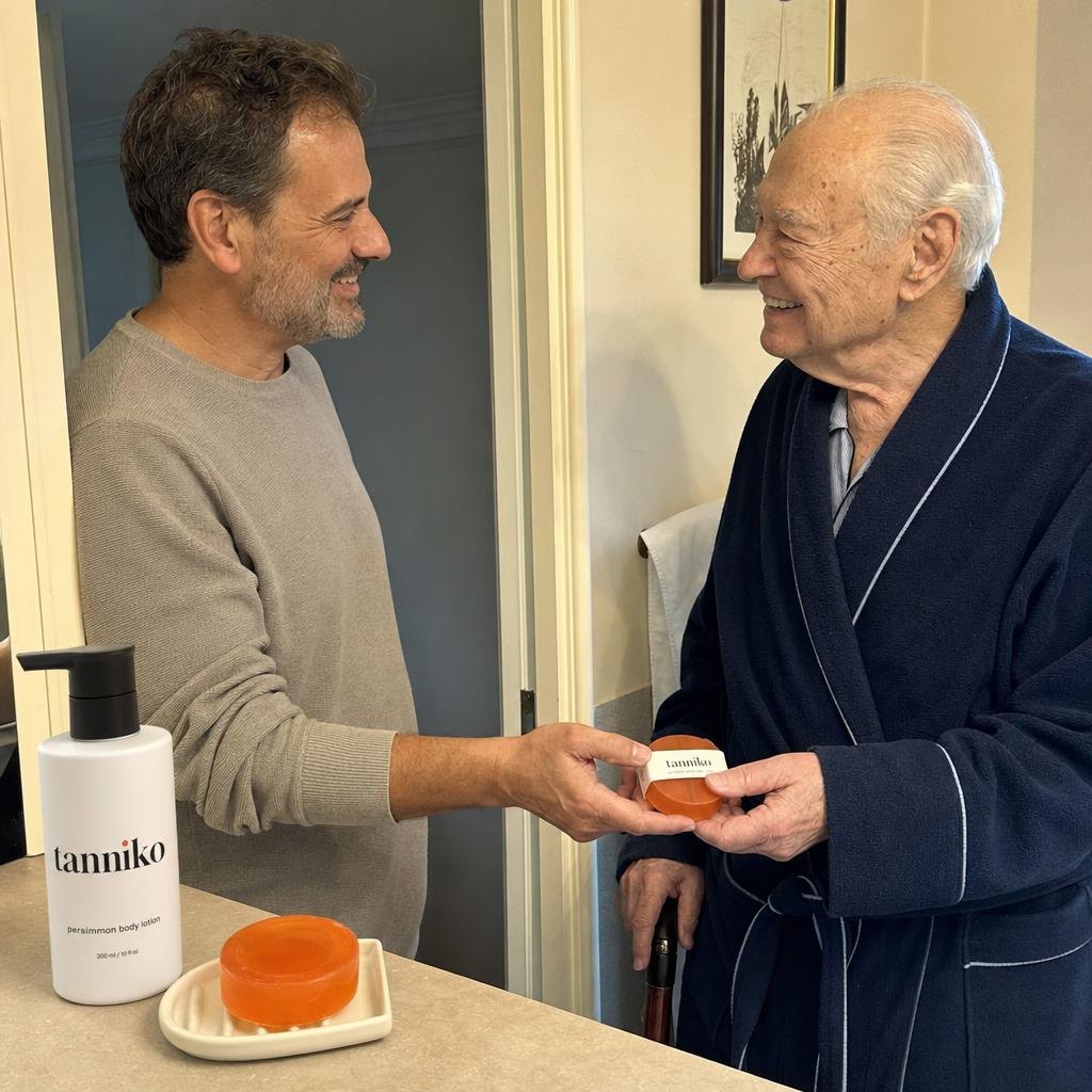 A son handing his father a Tanniko persimmon soap bar