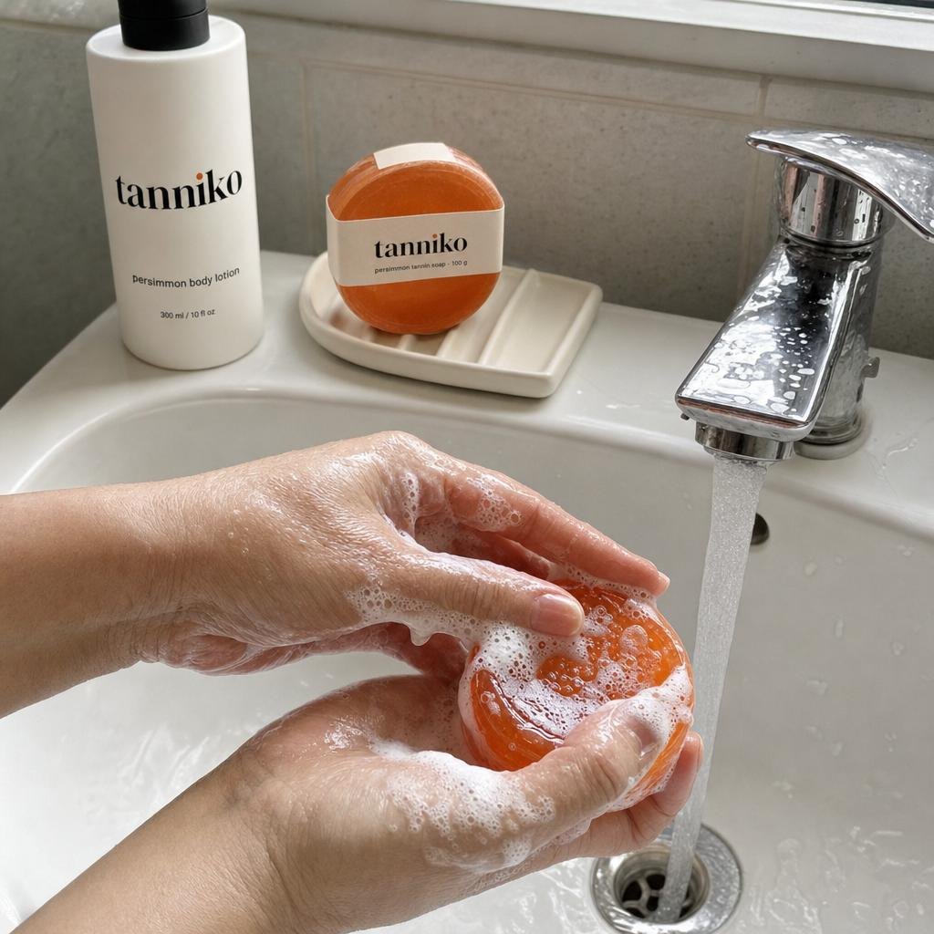 Creamy lather from the Tanniko persimmon soap bar