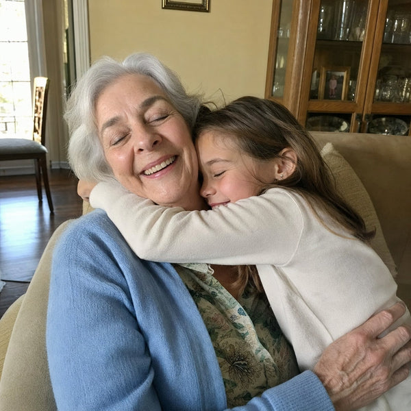 A grandmother hugging her granddaughter