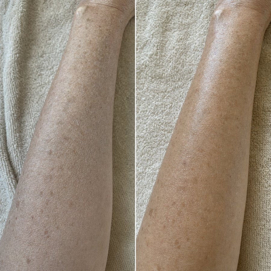 Dry forearm skin next to the same forearm after lotion