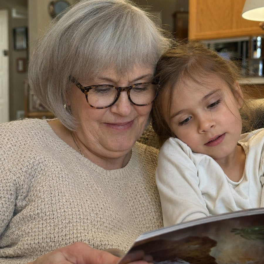A grandmother reading with her granddaughter, cheek to cheek