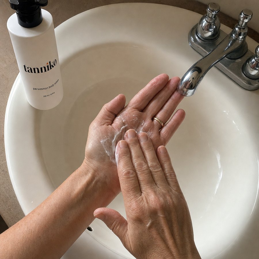 Hands smoothing in Tanniko persimmon lotion